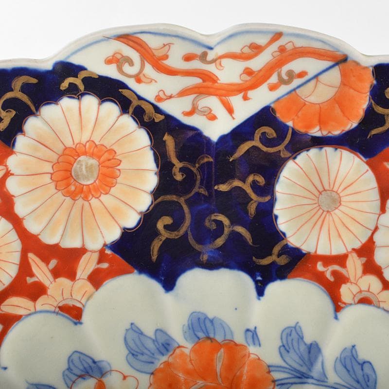 りりあ　古伊万里　染錦　花文輪花皿　大皿　直径約40cm　V　R5856B