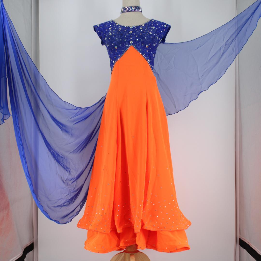 【社交ダンス衣装】オレンジ×豪華フロート ワンピース ドレス ブルー 青