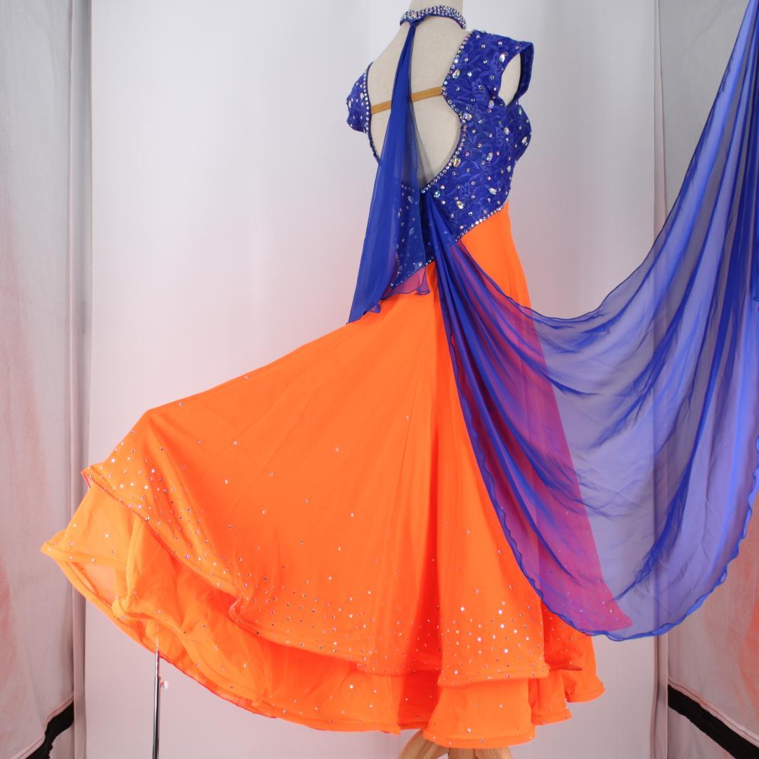 【社交ダンス衣装】オレンジ×豪華フロート ワンピース ドレス ブルー 青