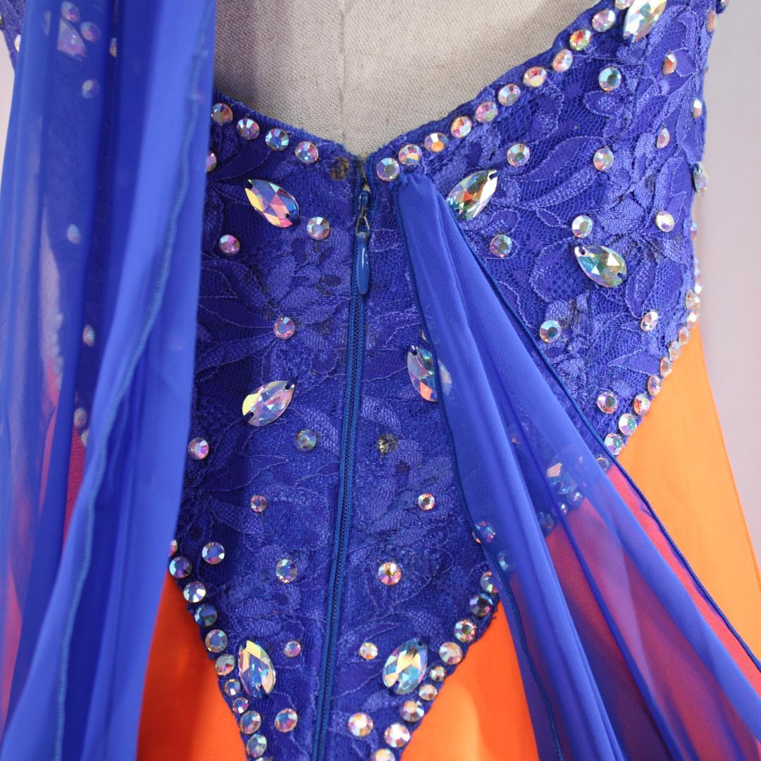 【社交ダンス衣装】オレンジ×豪華フロート ワンピース ドレス ブルー 青