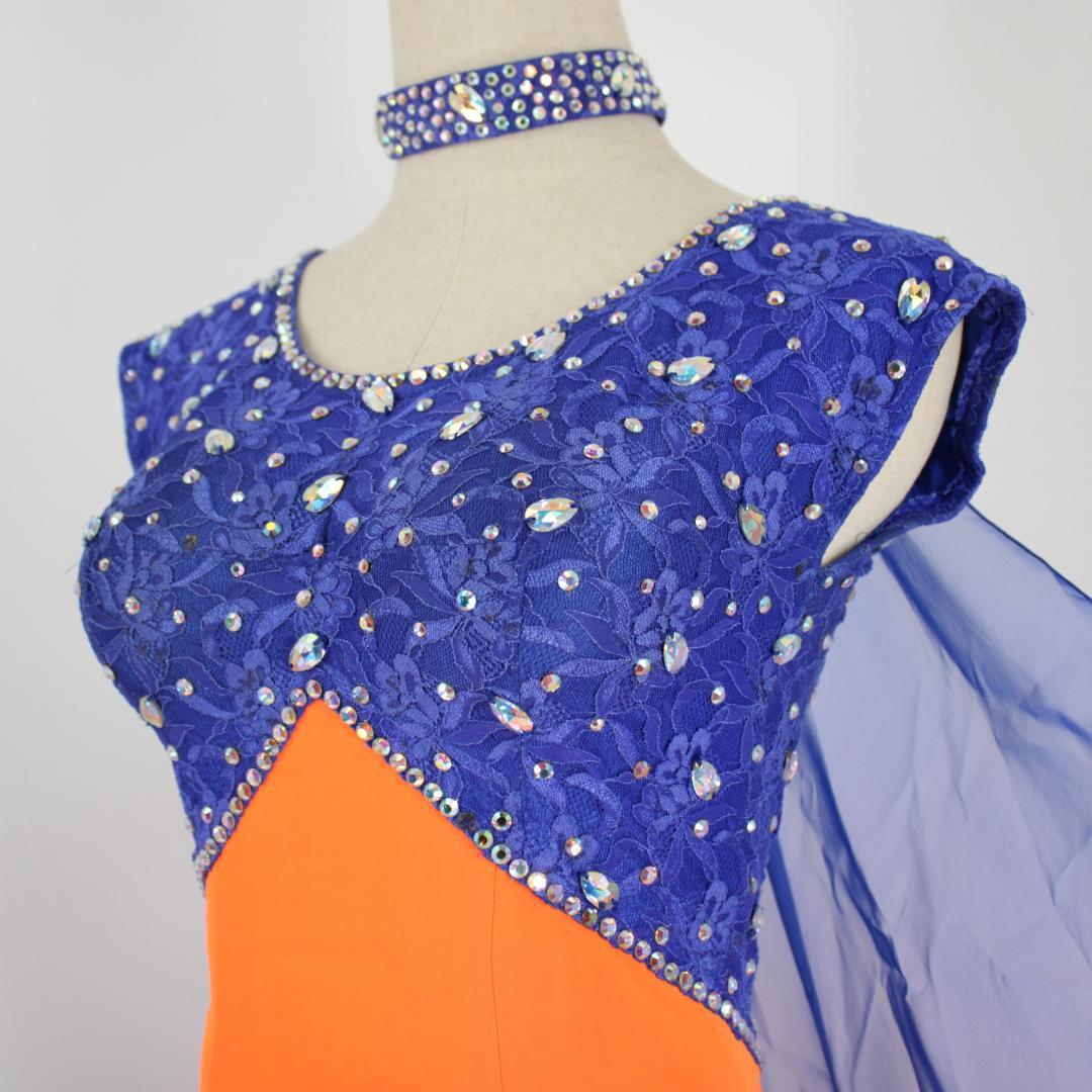 【社交ダンス衣装】オレンジ×豪華フロート ワンピース ドレス ブルー 青