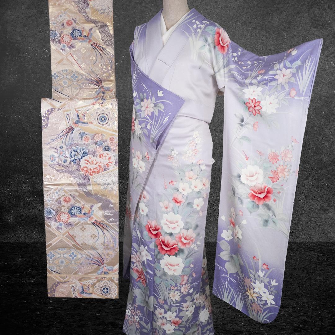 S R7SK1321 振袖+帯 2点セット 花 道長花鳥文 扇 ピンク