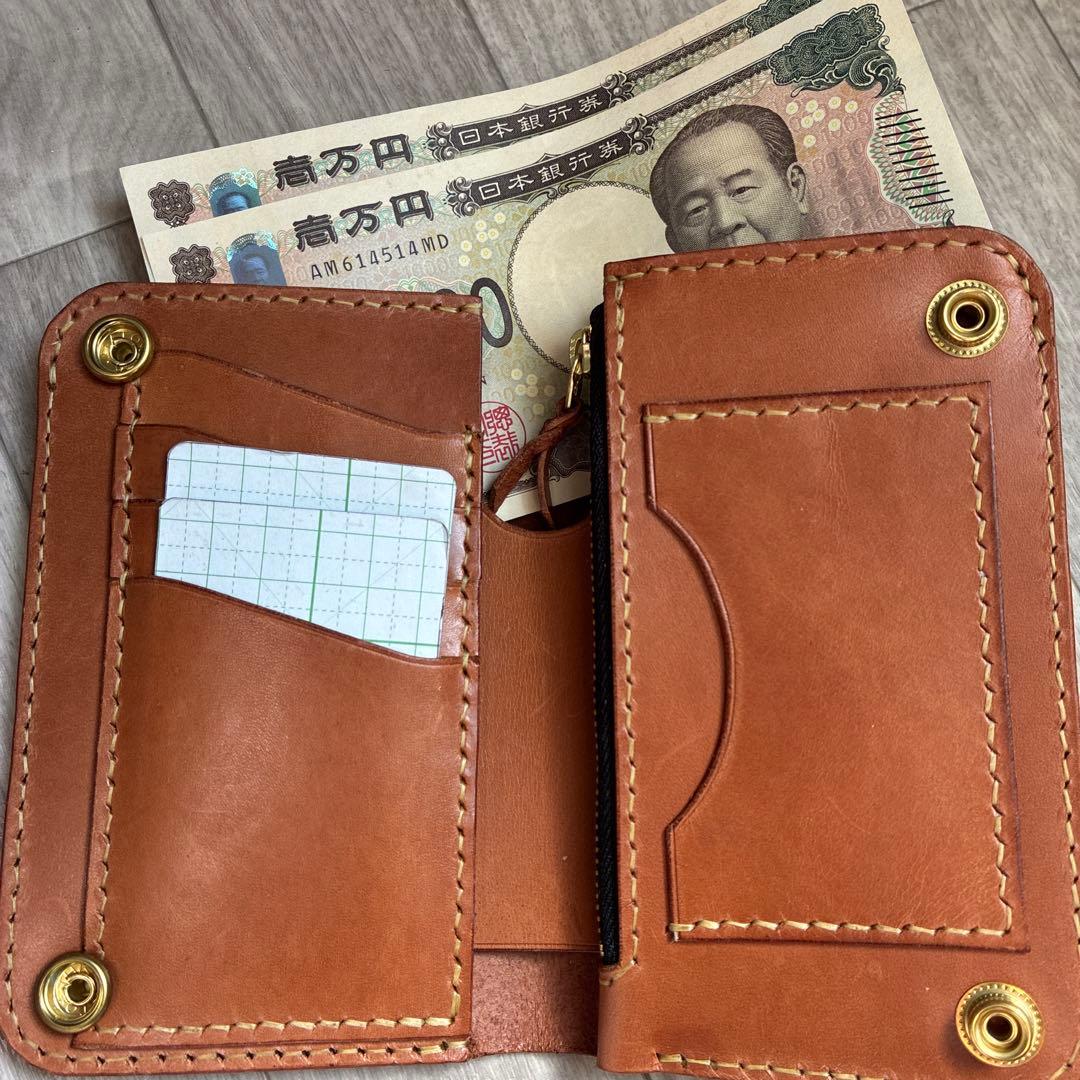 【茶芯】ブラック×ブラウン　トラッカーウォレット　ミドル　真鍮