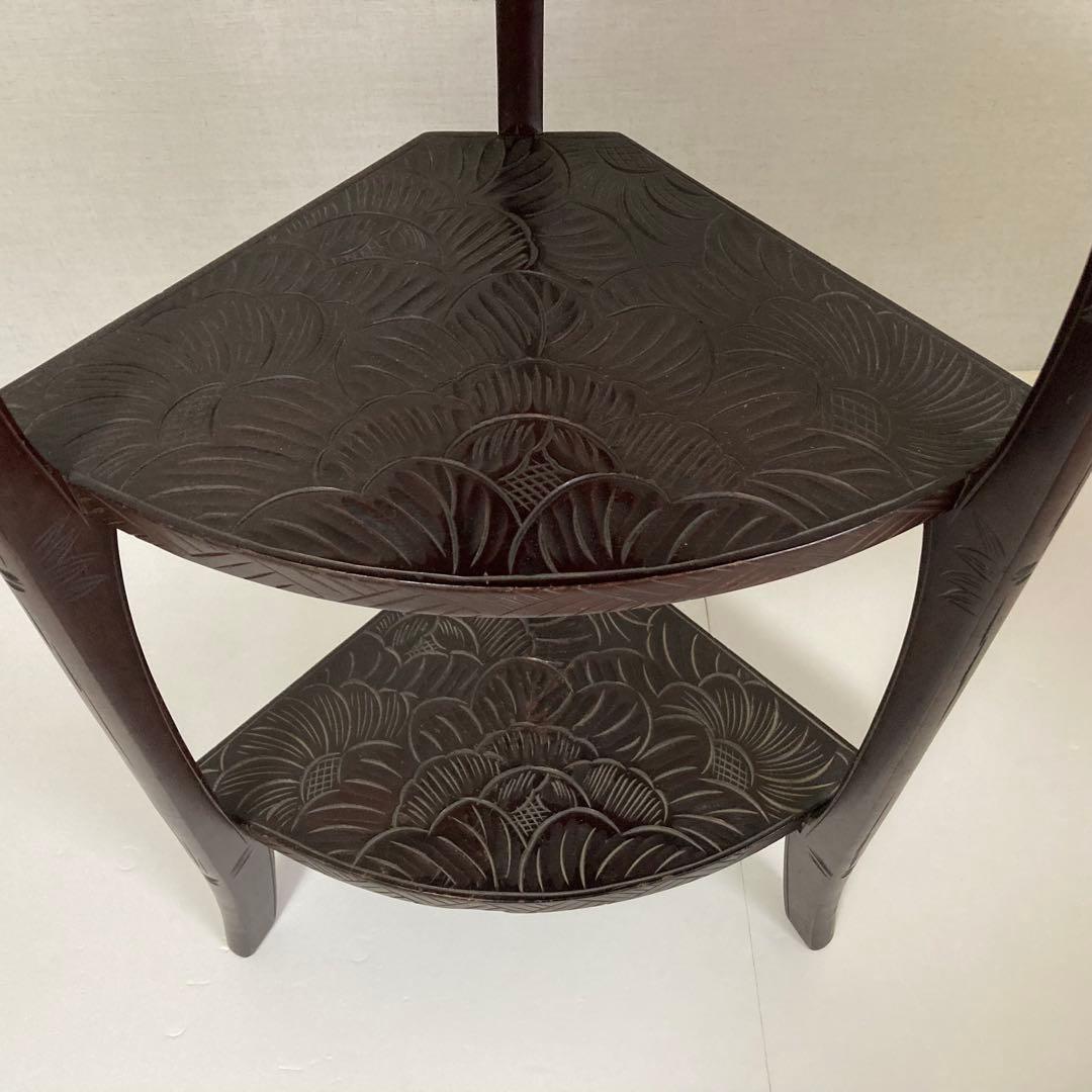 日光彫 飾り棚 置物棚 コーナーラック 花台 3段 木彫り 彫刻 木製 レトロ