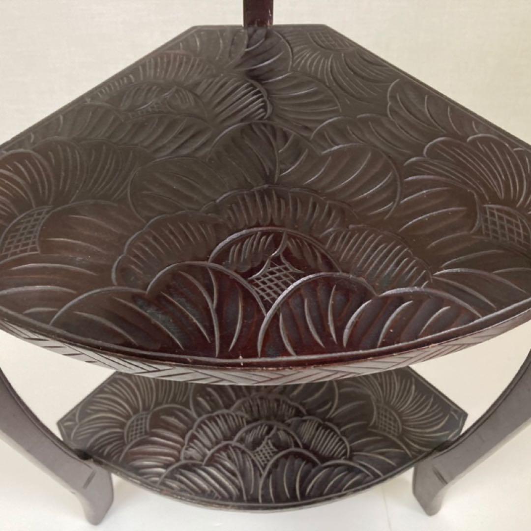 日光彫 飾り棚 置物棚 コーナーラック 花台 3段 木彫り 彫刻 木製 レトロ