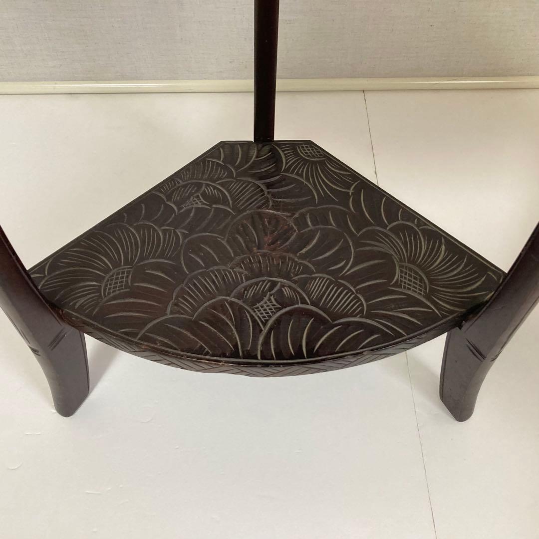 日光彫 飾り棚 置物棚 コーナーラック 花台 3段 木彫り 彫刻 木製 レトロ