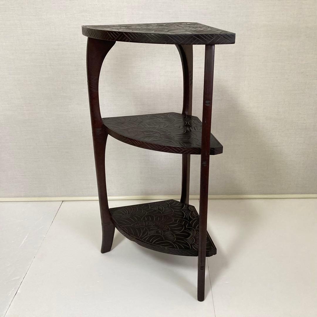 日光彫 飾り棚 置物棚 コーナーラック 花台 3段 木彫り 彫刻 木製 レトロ