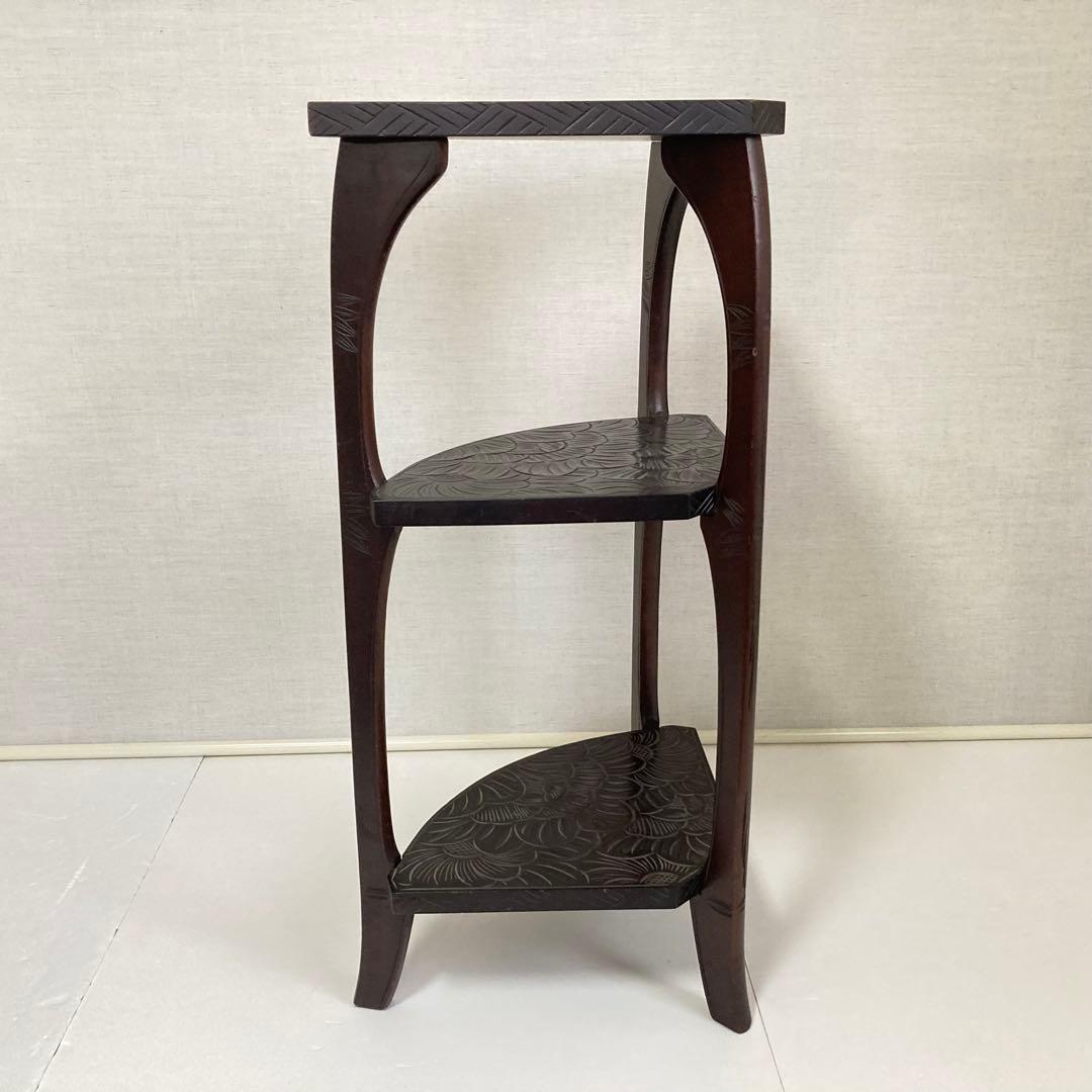 日光彫 飾り棚 置物棚 コーナーラック 花台 3段 木彫り 彫刻 木製 レトロ