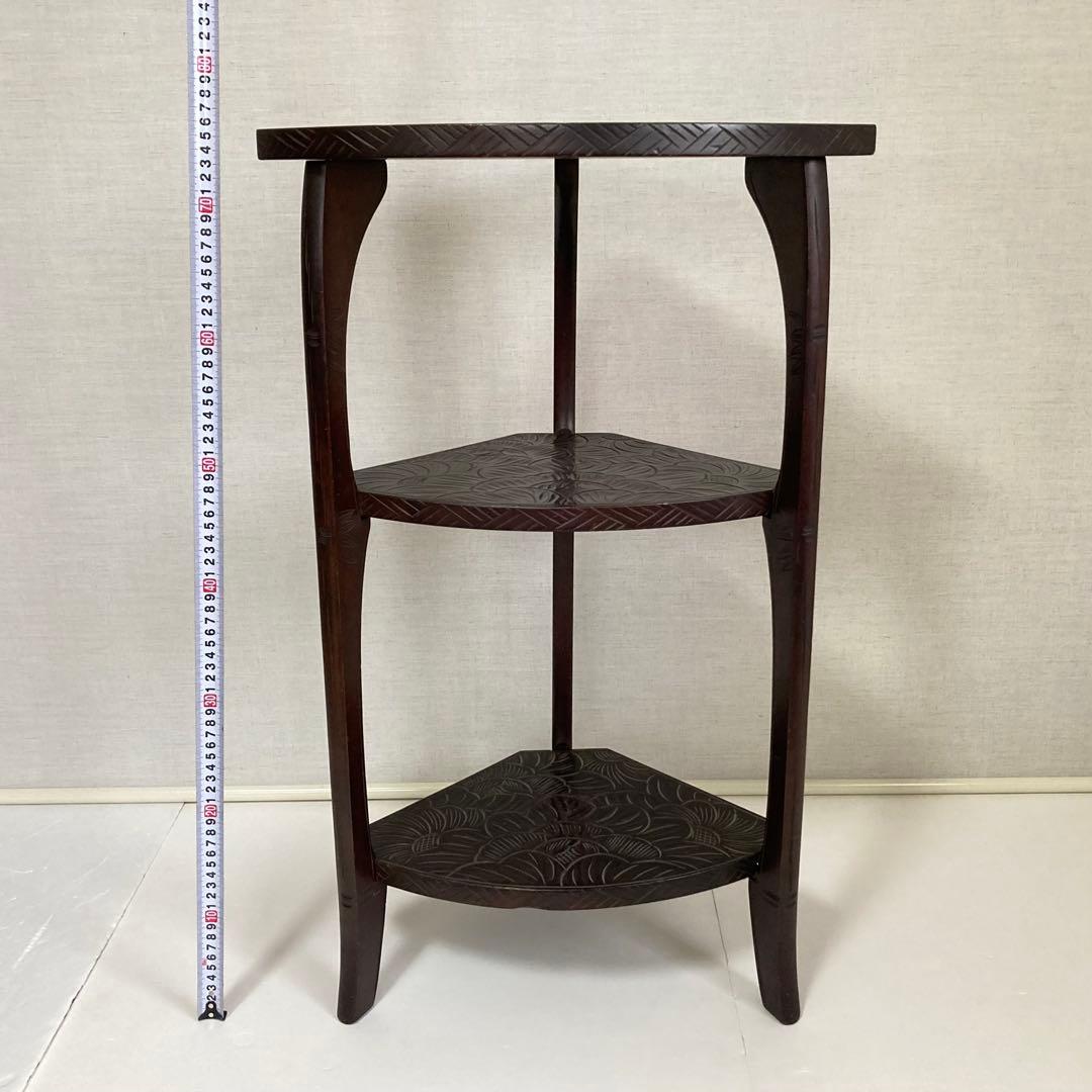 日光彫 飾り棚 置物棚 コーナーラック 花台 3段 木彫り 彫刻 木製 レトロ