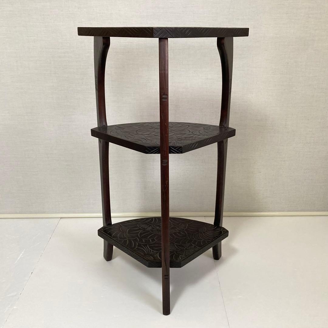 日光彫 飾り棚 置物棚 コーナーラック 花台 3段 木彫り 彫刻 木製 レトロ