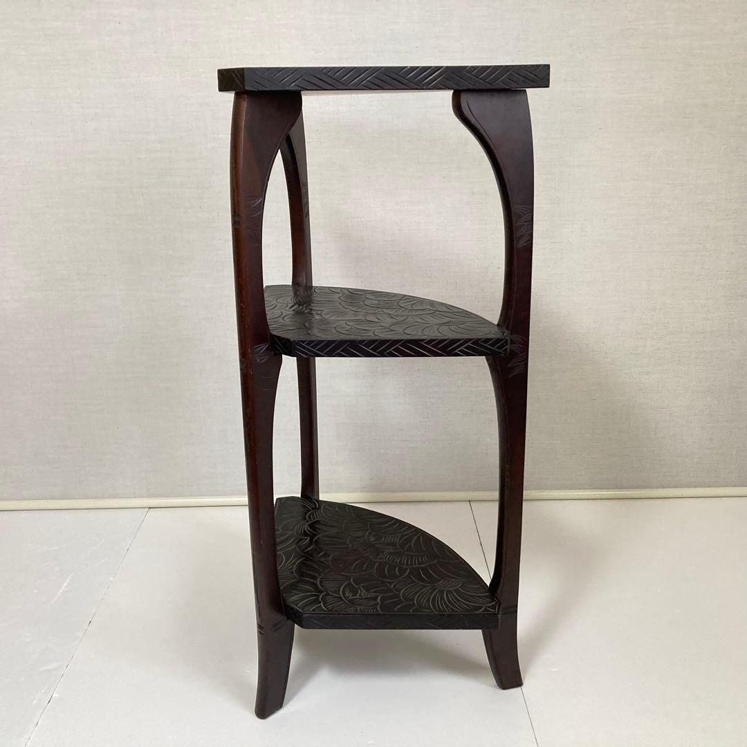 日光彫 飾り棚 置物棚 コーナーラック 花台 3段 木彫り 彫刻 木製 レトロ