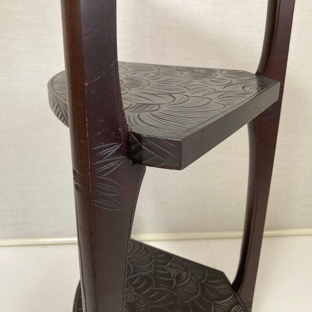 日光彫 飾り棚 置物棚 コーナーラック 花台 3段 木彫り 彫刻 木製 レトロ