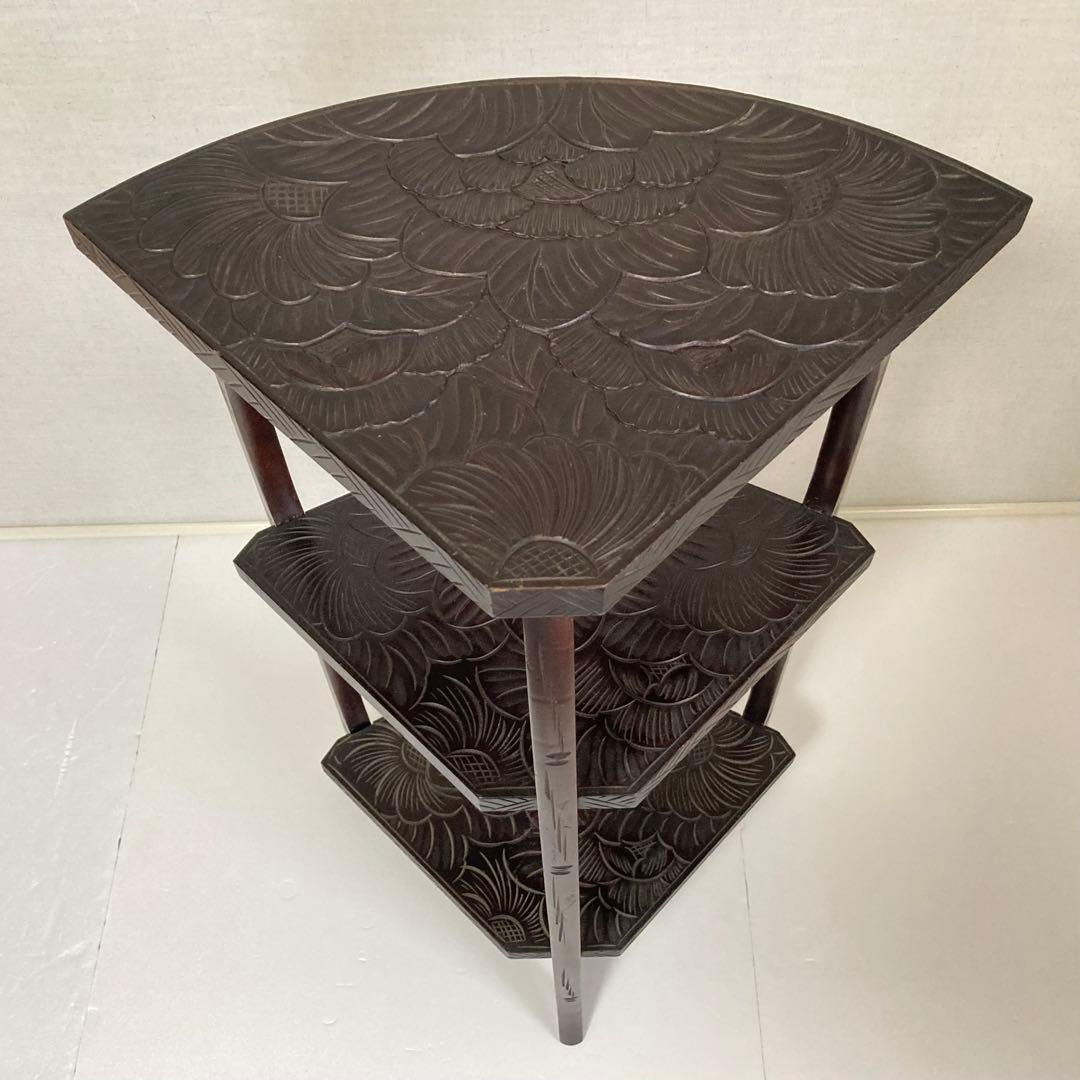 日光彫 飾り棚 置物棚 コーナーラック 花台 3段 木彫り 彫刻 木製 レトロ