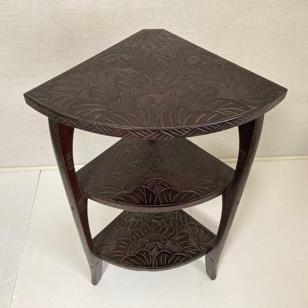 日光彫 飾り棚 置物棚 コーナーラック 花台 3段 木彫り 彫刻 木製 レトロ