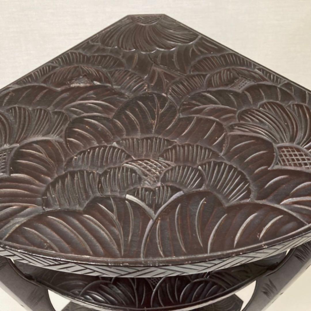 日光彫 飾り棚 置物棚 コーナーラック 花台 3段 木彫り 彫刻 木製 レトロ