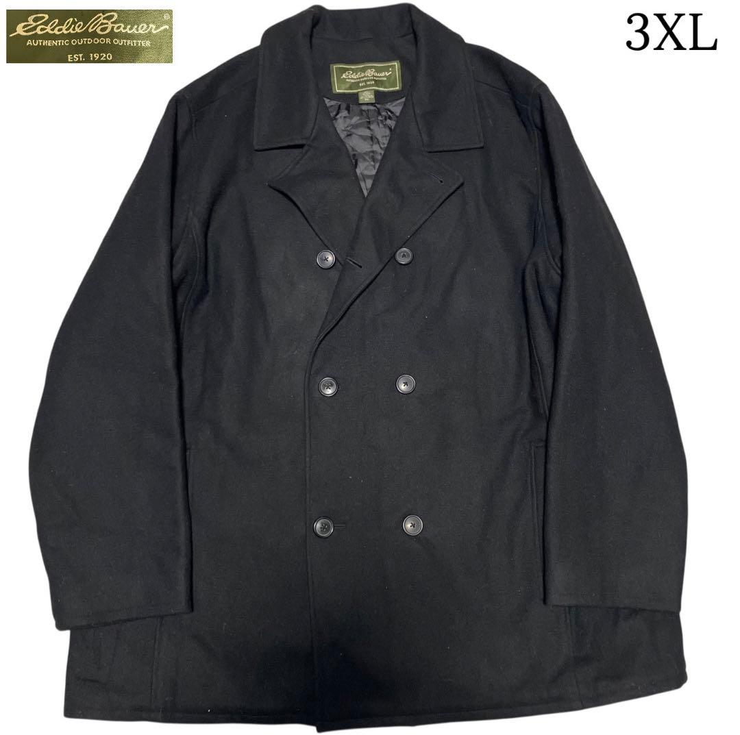 大きいサイズ【Eddie Bauer】ウールロングダブルチェスターコート 黒4L