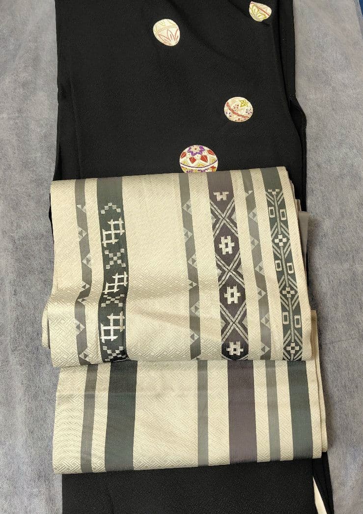 小紋　黒地　正絹　トールサイズ　鞠　スーパー京ガード加工　単衣　居敷当