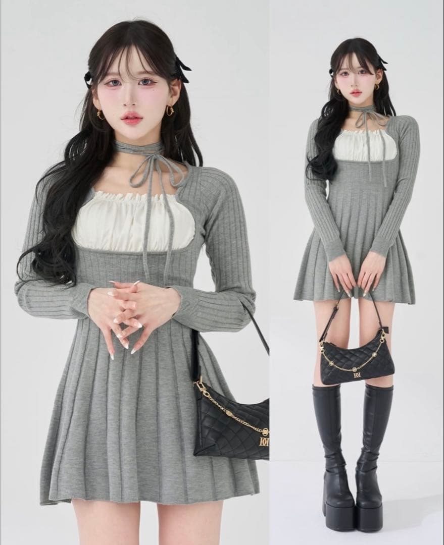 Darich ネックデザインフレアニットミニワンピース GRY Free