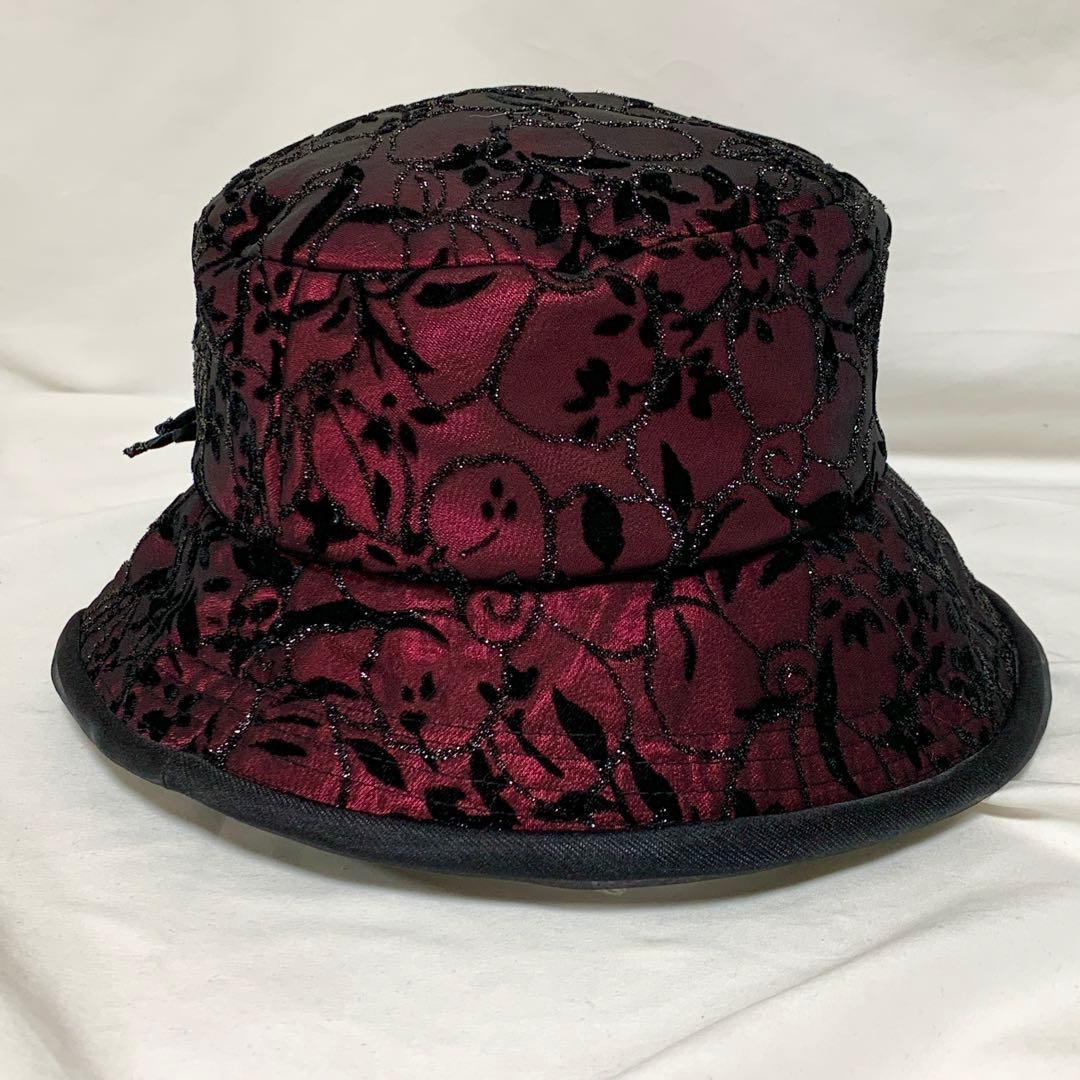 美品　maxim マキシン　レース　シルク100%　帽子　リボン　バーガンディ