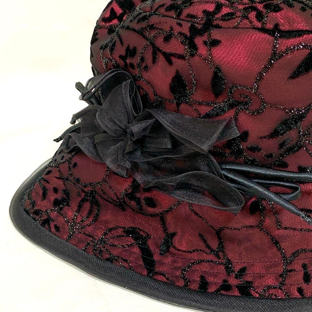 美品　maxim マキシン　レース　シルク100%　帽子　リボン　バーガンディ