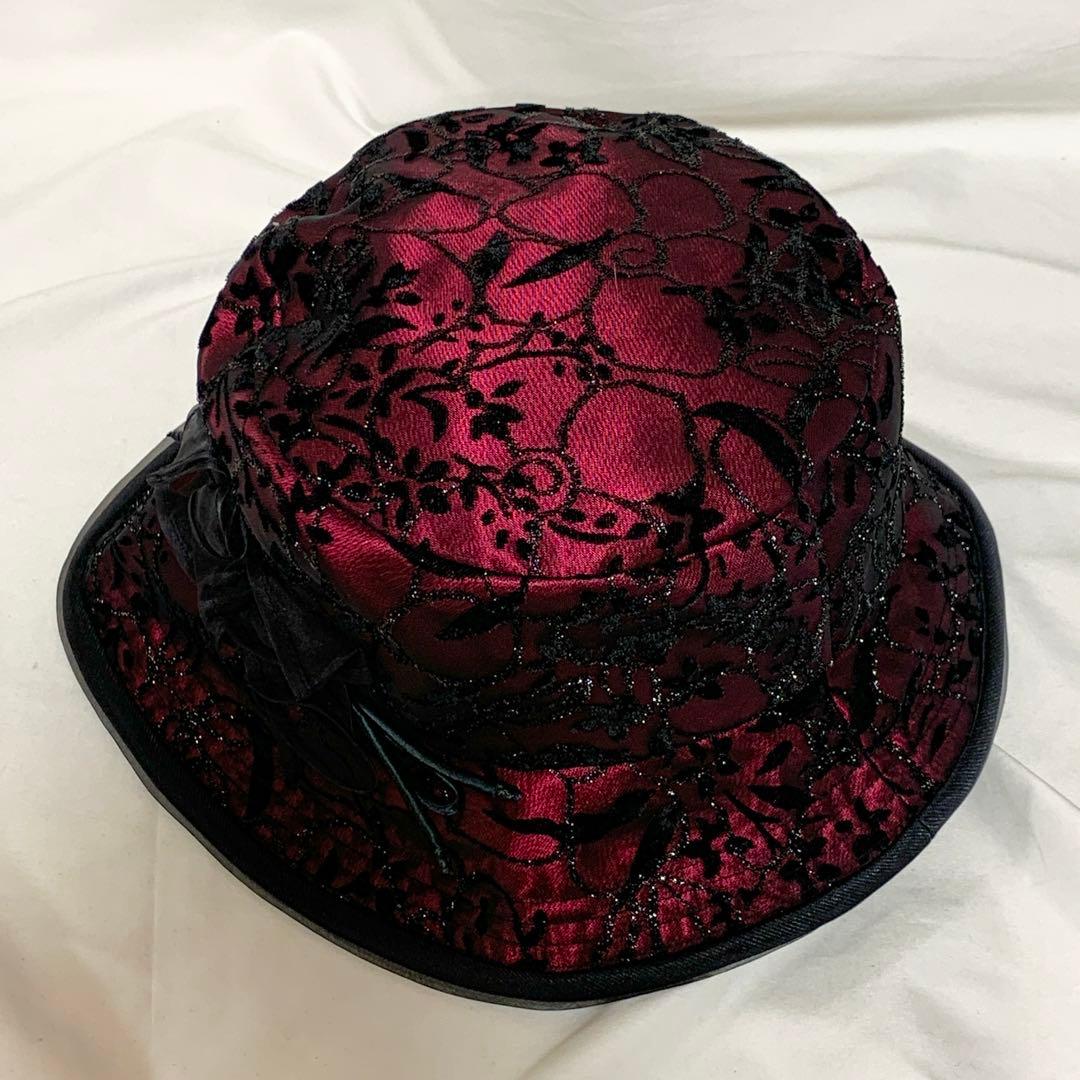 美品　maxim マキシン　レース　シルク100%　帽子　リボン　バーガンディ