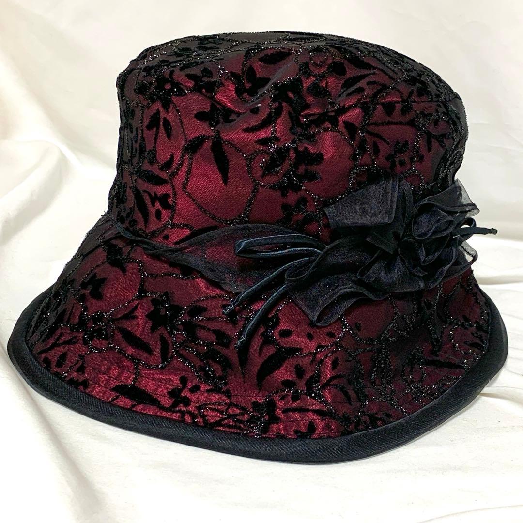 美品　maxim マキシン　レース　シルク100%　帽子　リボン　バーガンディ