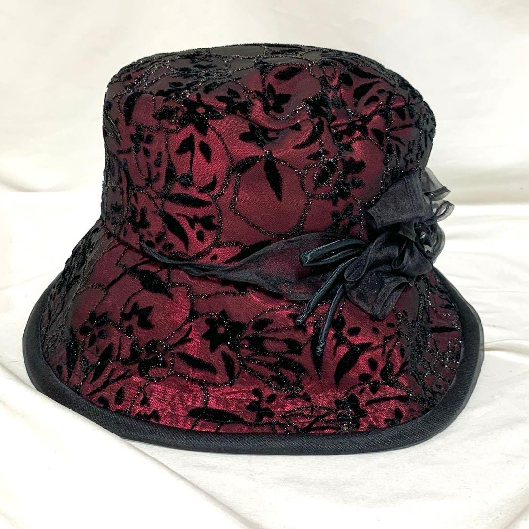 美品　maxim マキシン　レース　シルク100%　帽子　リボン　バーガンディ