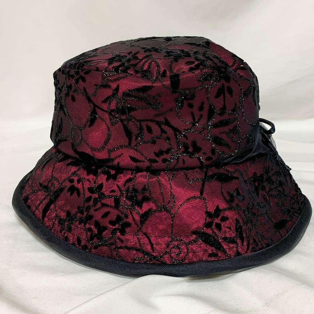 美品　maxim マキシン　レース　シルク100%　帽子　リボン　バーガンディ