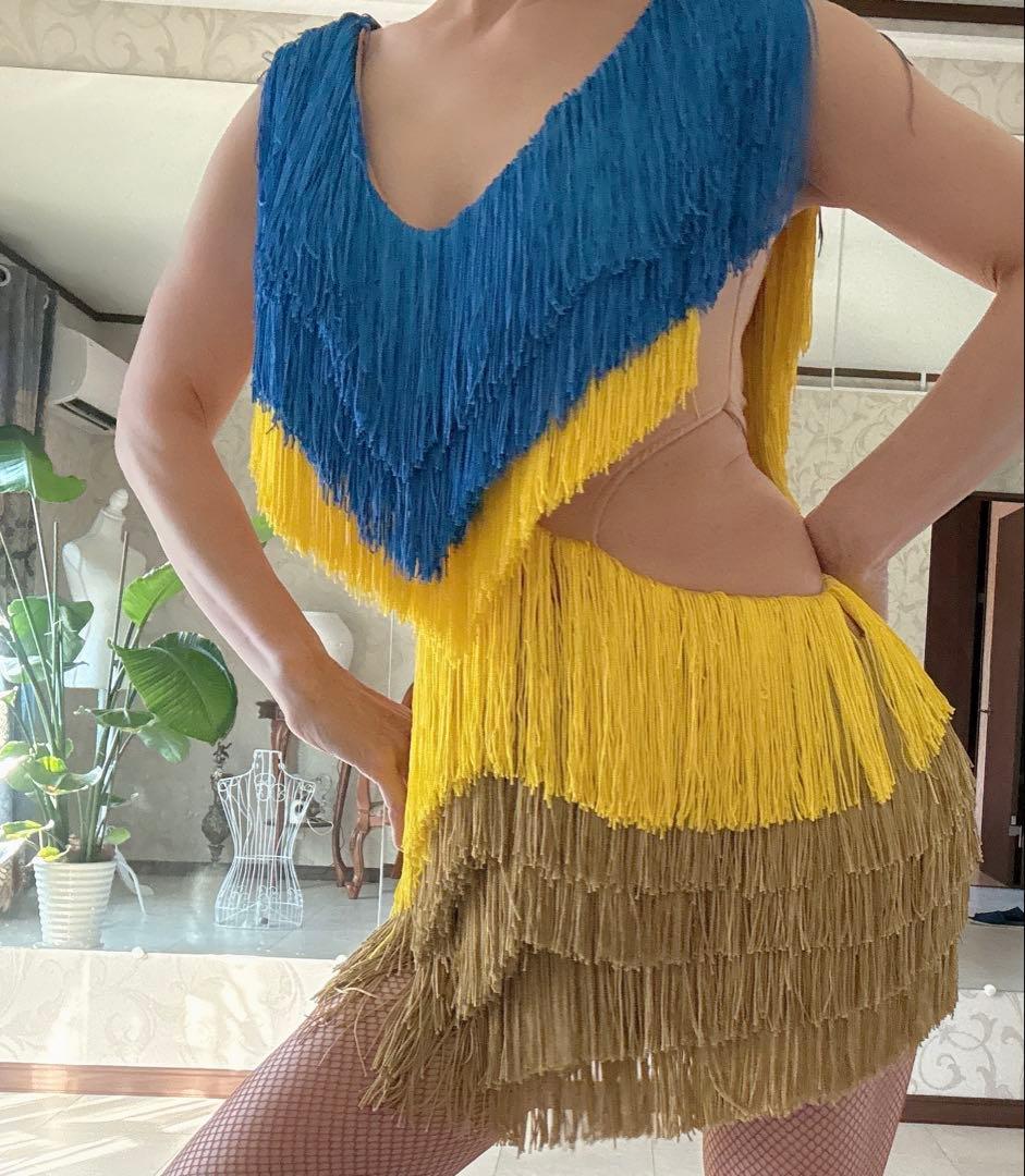 社交ダンス　フリンジ　ラテンドレス　ブルー✖️イエロー✖️ゴールド Ｍ