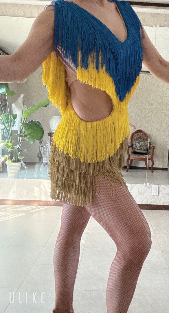 社交ダンス　フリンジ　ラテンドレス　ブルー✖️イエロー✖️ゴールド Ｍ