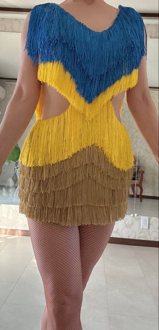 社交ダンス　フリンジ　ラテンドレス　ブルー✖️イエロー✖️ゴールド Ｍ