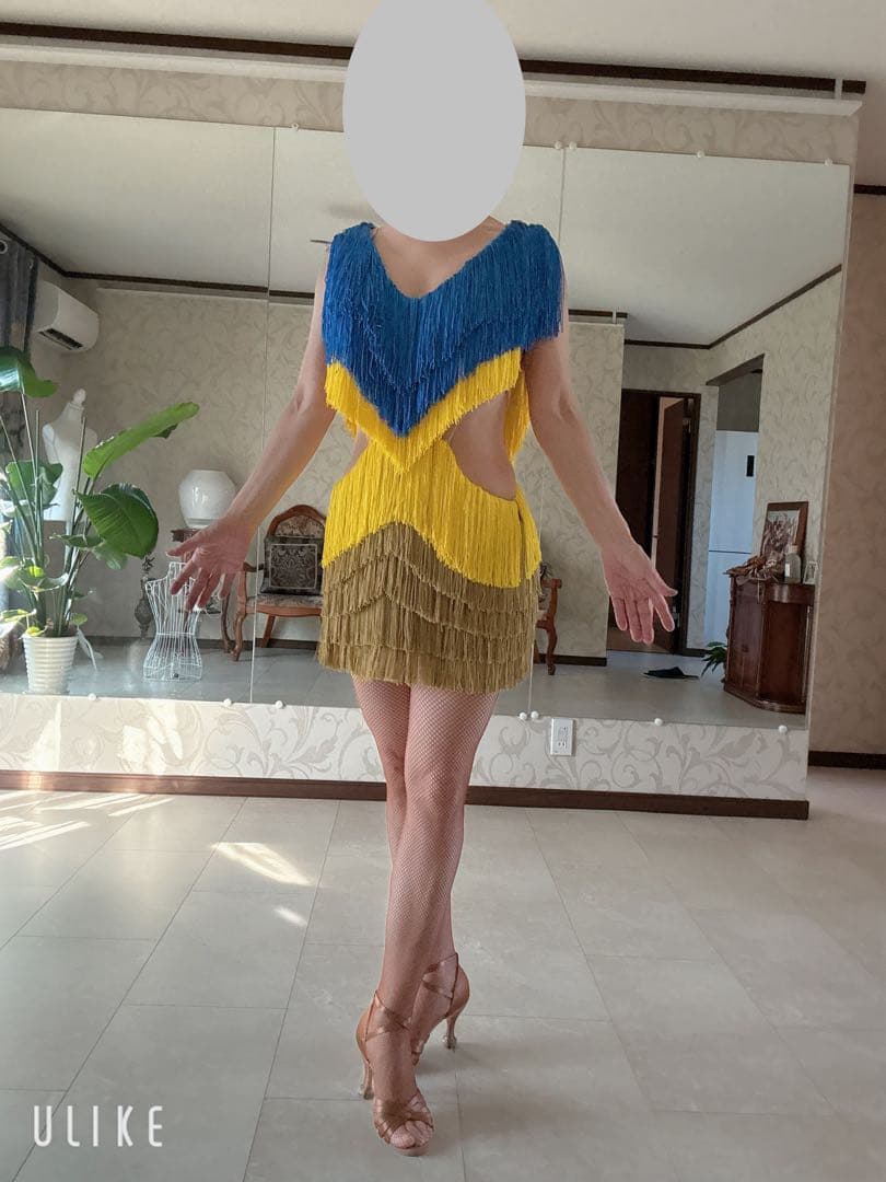 社交ダンス　フリンジ　ラテンドレス　ブルー✖️イエロー✖️ゴールド Ｍ