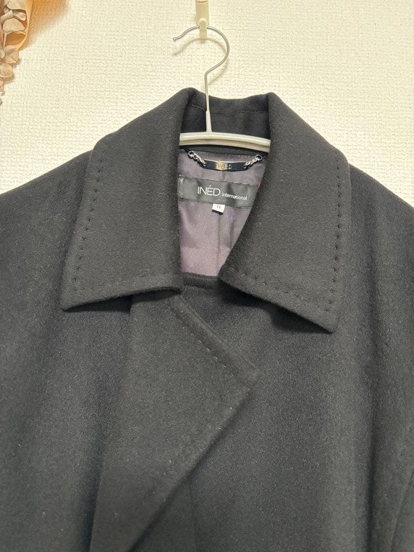 INED　カシミヤロングコート　ベルト付き　ブラック　11号　日本製　裏地付き