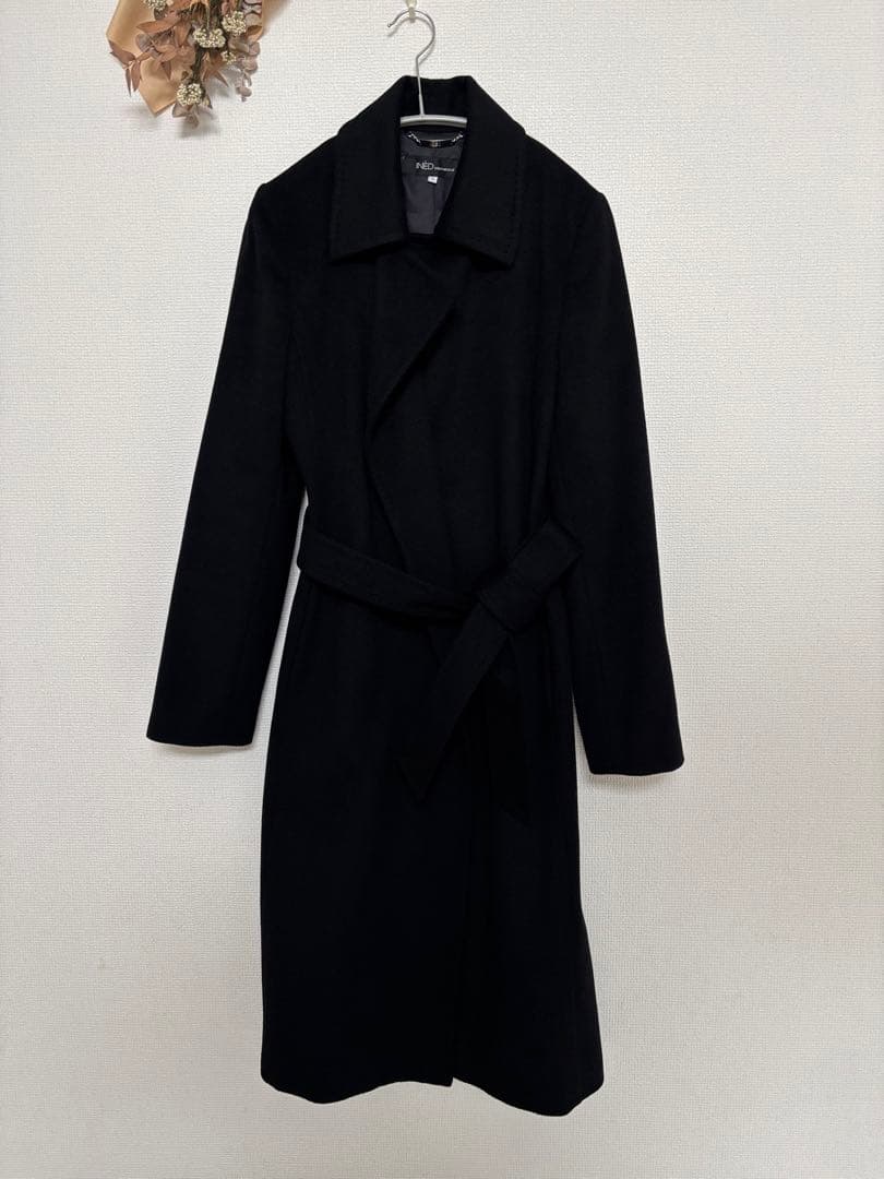 INED　カシミヤロングコート　ベルト付き　ブラック　11号　日本製　裏地付き