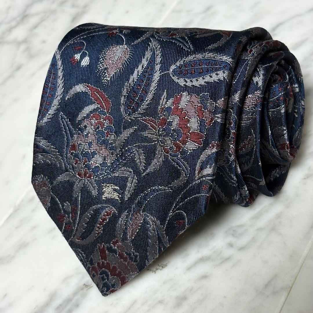 BURBERRY ネクタイ ネイビー レッド ペイズリー柄 ロゴ柄