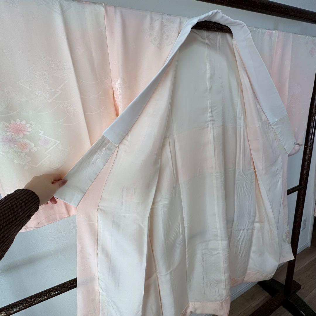 超美品　現代　正絹　長襦袢　袷　着物　和装　ピンク　紫　緑　122　横幅たっぷり