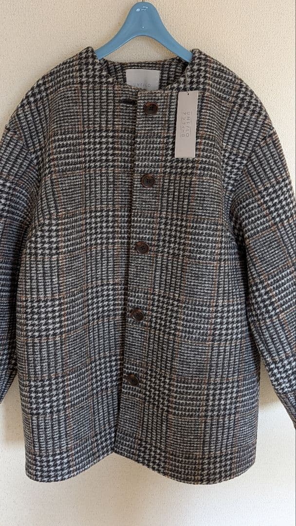 UNFILO ノーカラーコート コクーンシルエット チェック　 Msize