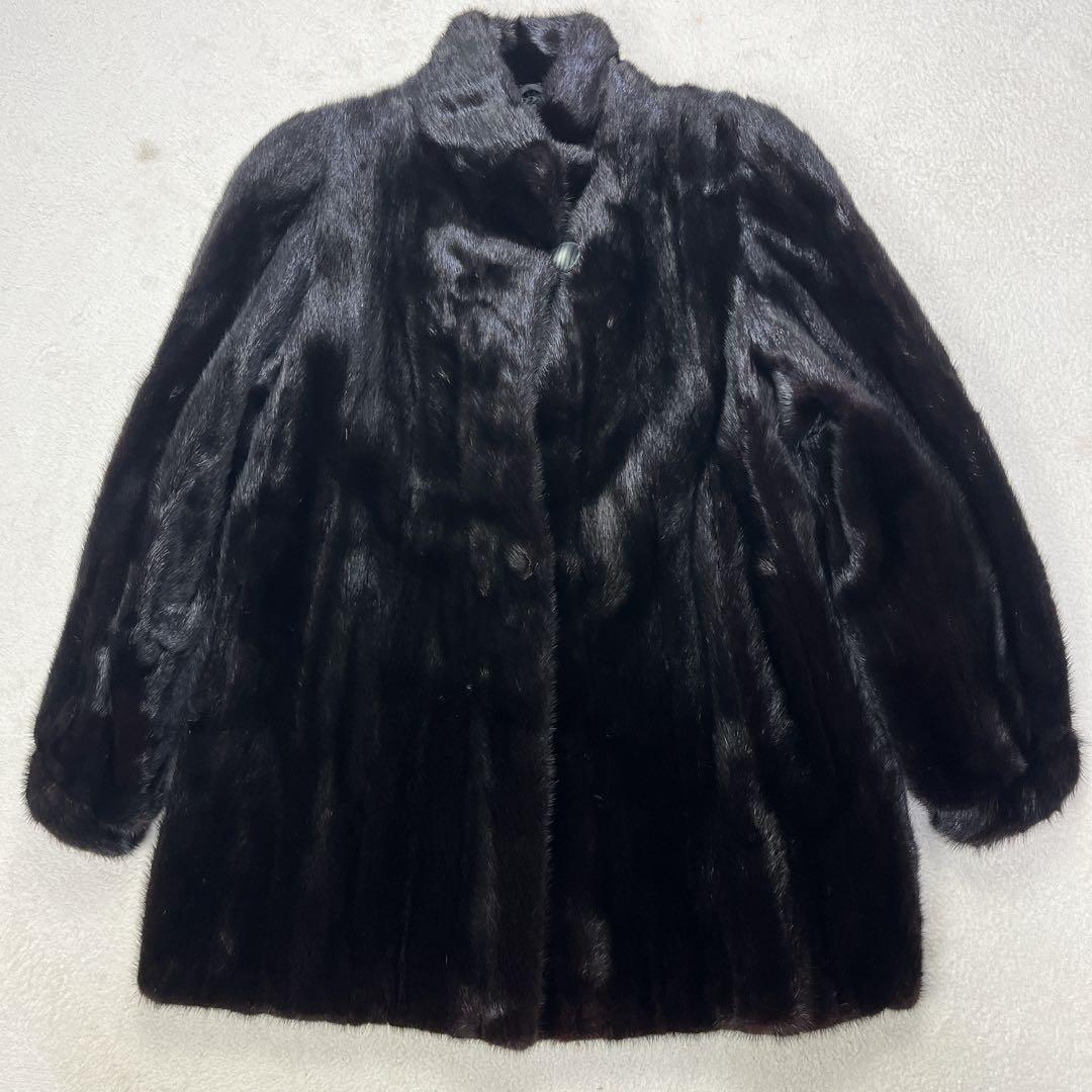 毛皮 リアルファー MINK ミンク ブラック 裾広 セミロング コート F