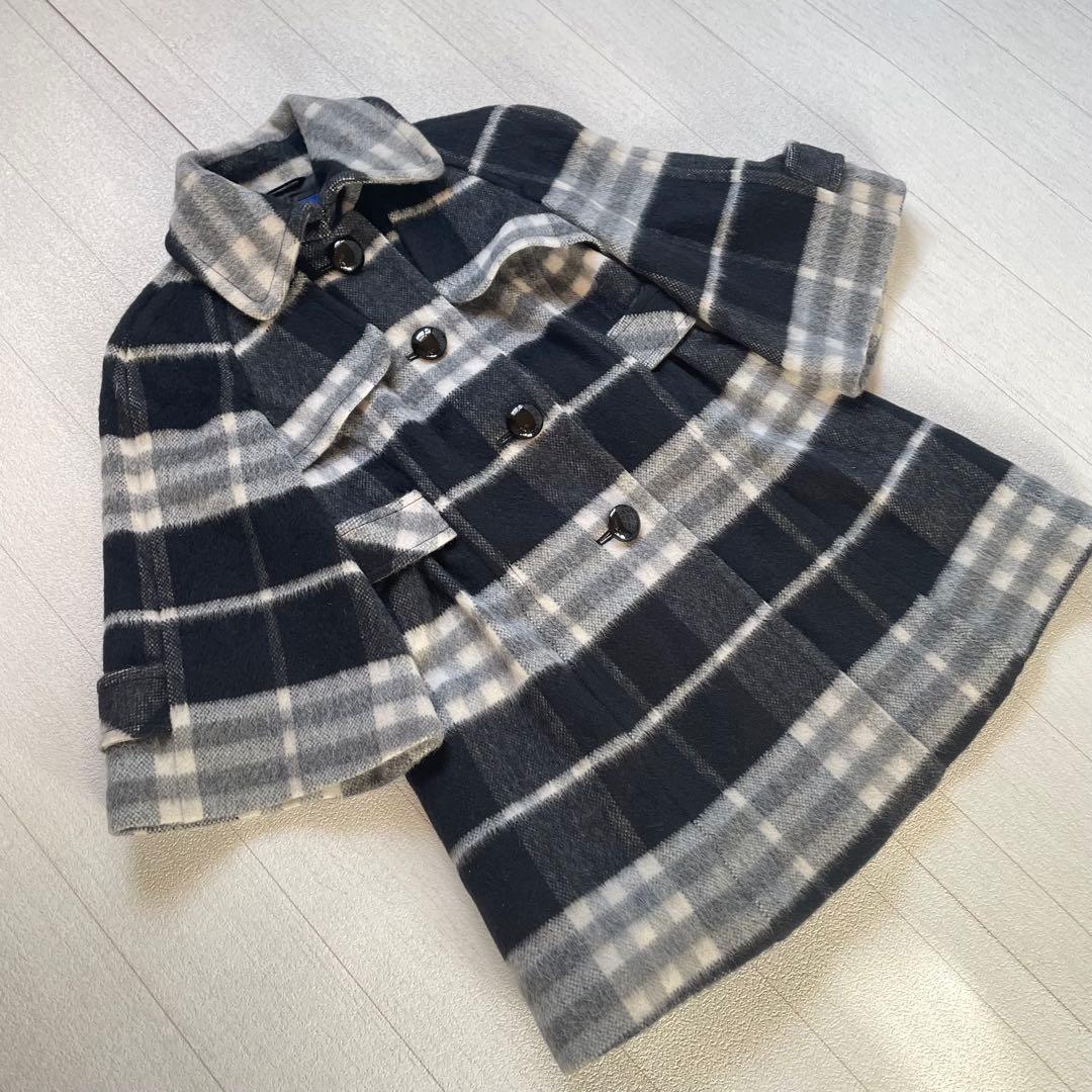 BURBERRY BLUELABEL チェック柄ケープ風ウールコート　36