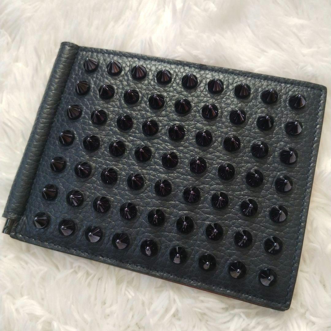 【未使用品】クリスチャンルブタン　マネークリップ　スタッズ　札入れ　ネイビー　赤