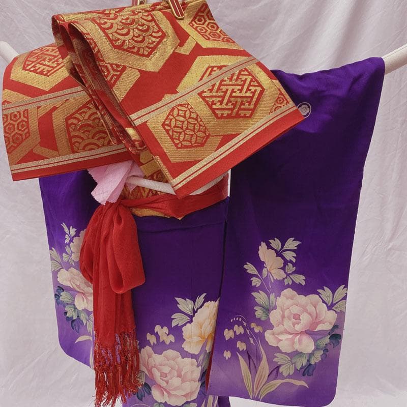 510ag74着物のみ◎七五三 七歳 女児 アンティーク着物 五つ紋 紫◎