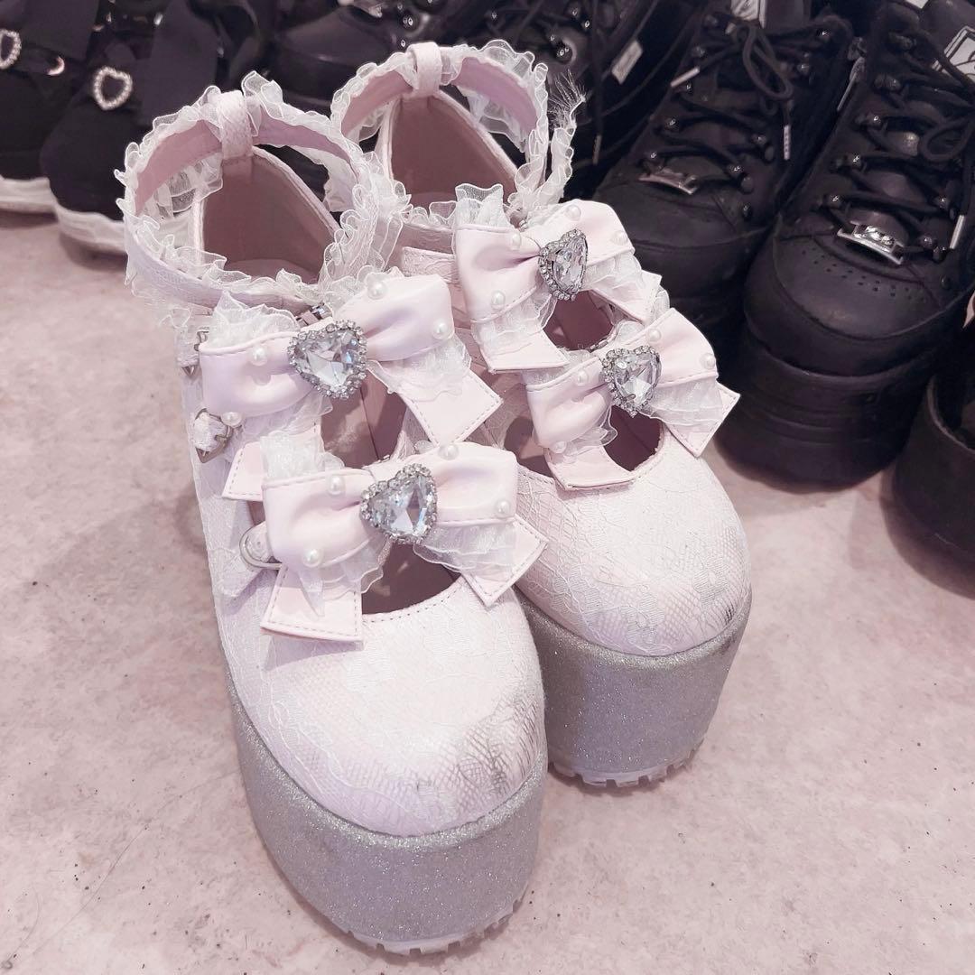 Ank Rouge レース×合皮厚底シューズ ピンク