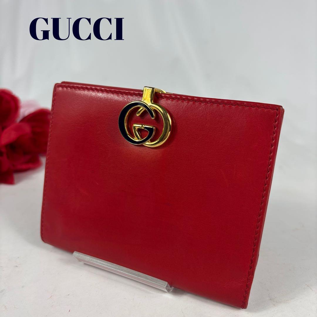 GUCCI　グッチ　オールドグッチ　レザー　二つ折り　財布　ゴールド金具　レッド