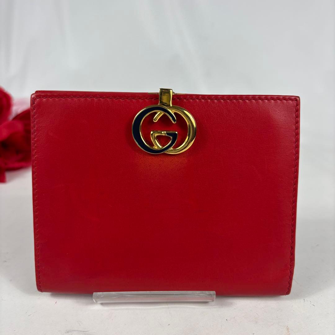 GUCCI　グッチ　オールドグッチ　レザー　二つ折り　財布　ゴールド金具　レッド