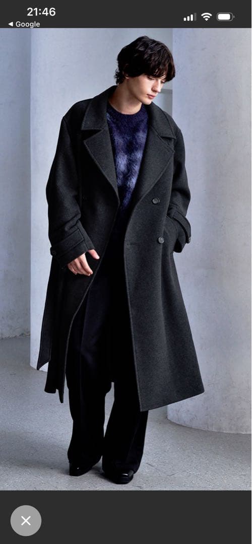 CLEL ウールブレンドテックメルトンダブルチェスターコート　チャコールグレー