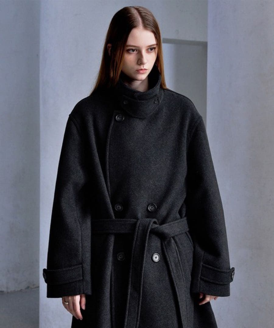 CLEL ウールブレンドテックメルトンダブルチェスターコート　チャコールグレー