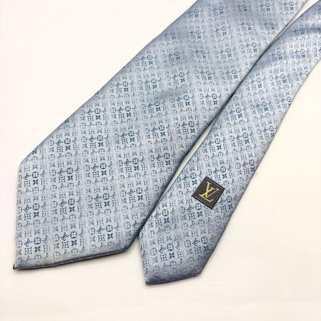 ルイヴィトン ネクタイ モノグラム 総柄 ブルー シルク　肉厚　光沢