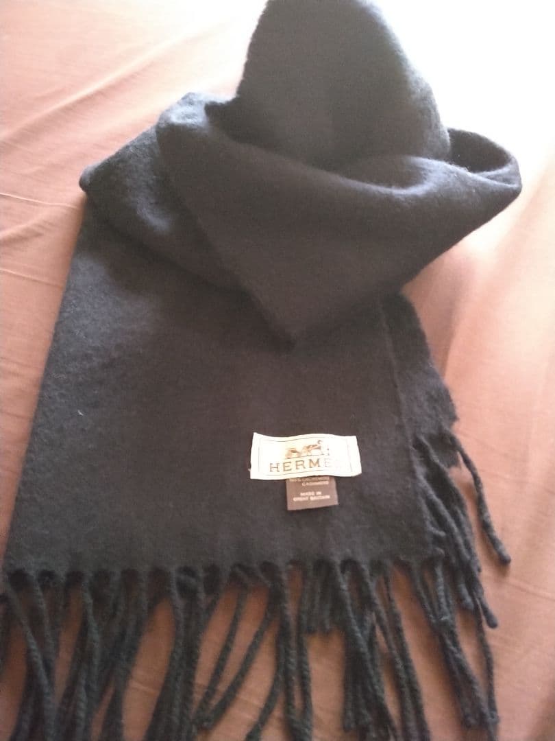特価❗HERMES エルメス ロゴ刺繍カシミヤ100%マフラー ストール 黒