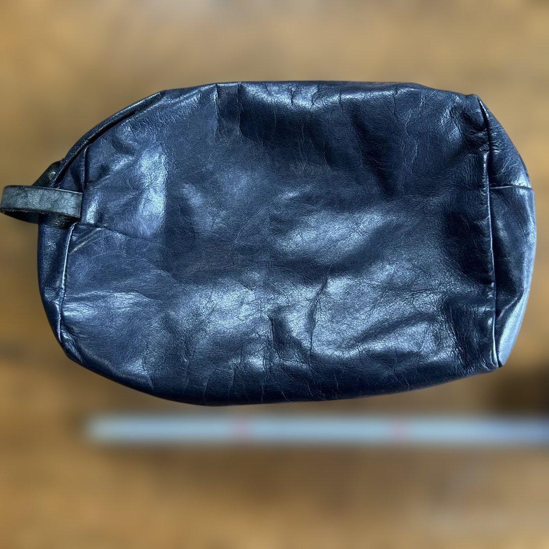 美品）m0851 レザー クラッチ／ポーチ ネイビー 約25cm