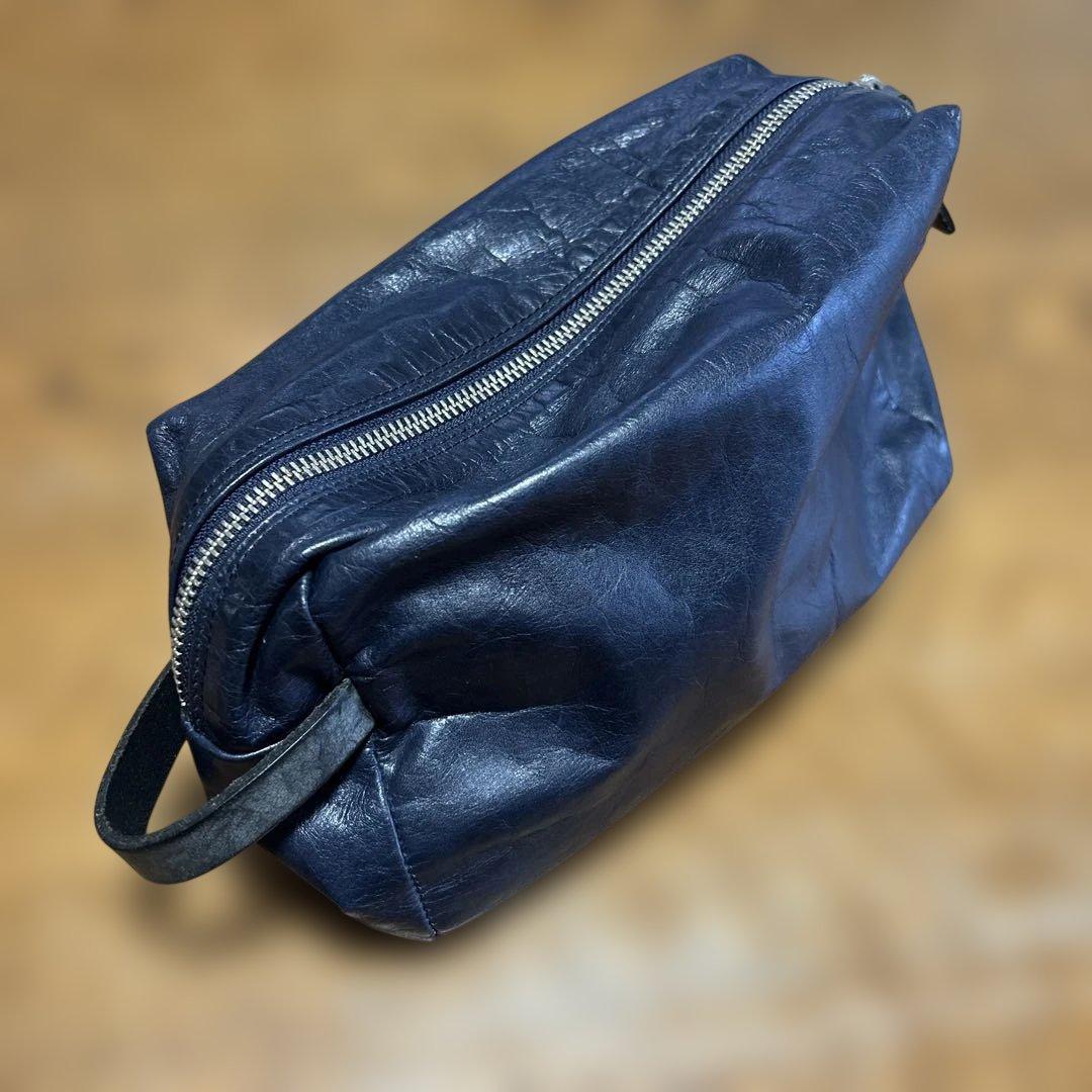 美品）m0851 レザー クラッチ／ポーチ ネイビー 約25cm